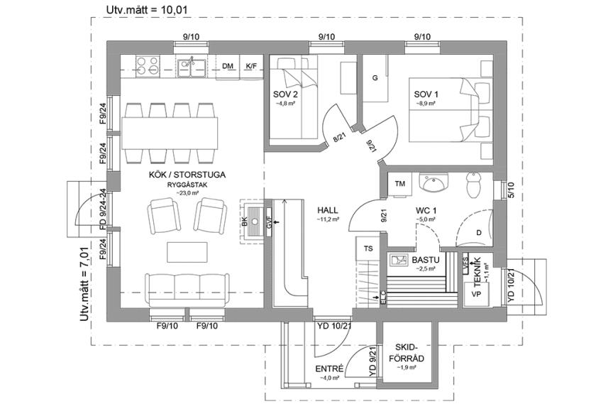 Planritning entreplan fjällstuga med loft 80 kvm Sonfjället 35-77