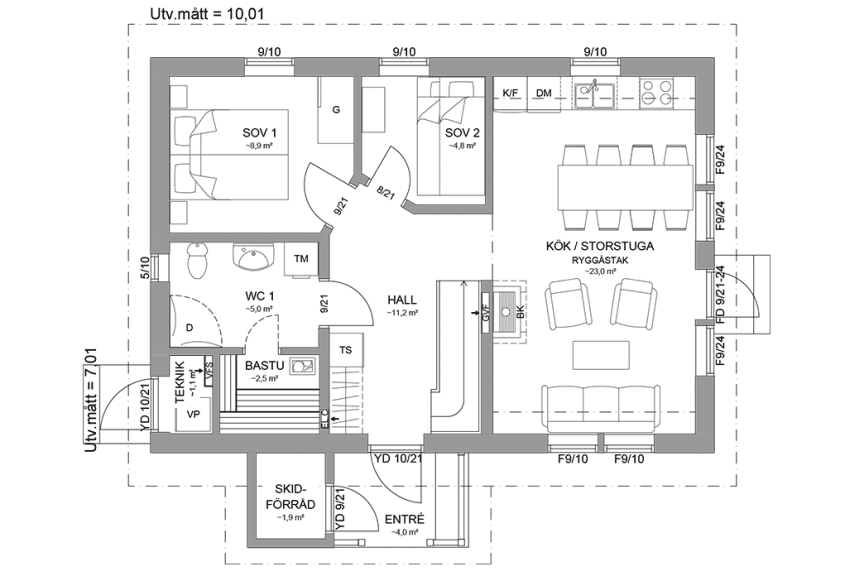 Planritning entreplan fjällstuga med loft 80 kvm Sonfjället 35-77 spegelvänd