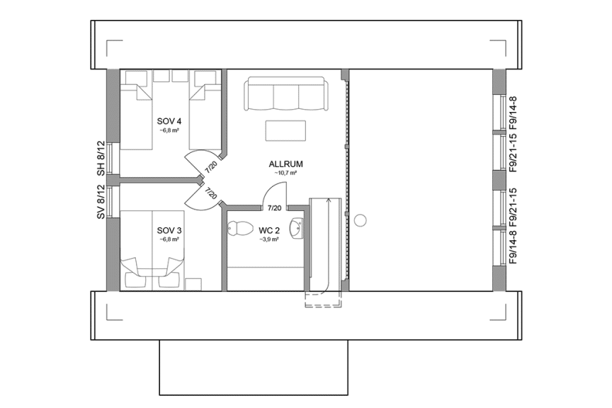 Planritning loftplan fjällstuga med loft 80 kvm Sonfjället 35-77 spegelvänd