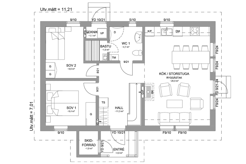 Planritning entreplan fjällstuga med loft 91 kvm Sonfjället 35-85 spegelvänd
