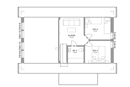 Planritning loftplan fjällstuga med loft 91 kvm Sonfjället 35-85 spegelvänd