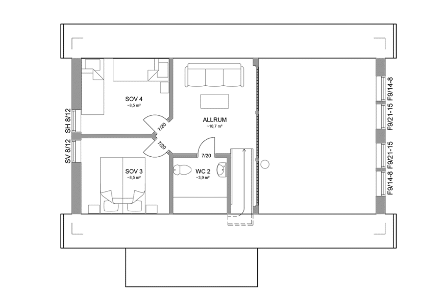 Planritning loftplan fjällstuga med loft 91 kvm Sonfjället 35-85 spegelvänd