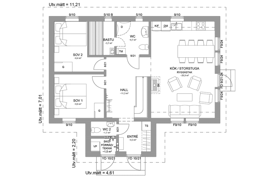 Planritning entreplan fjällstuga med loft 98 kvm Sonfjället 35-89 spegelvänd