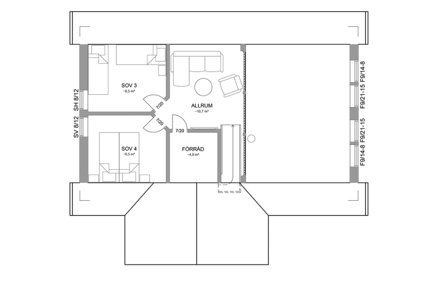 Planritning loftplan fjällstuga med loft 98 kvm Sonfjället 35-89 spegelvänd