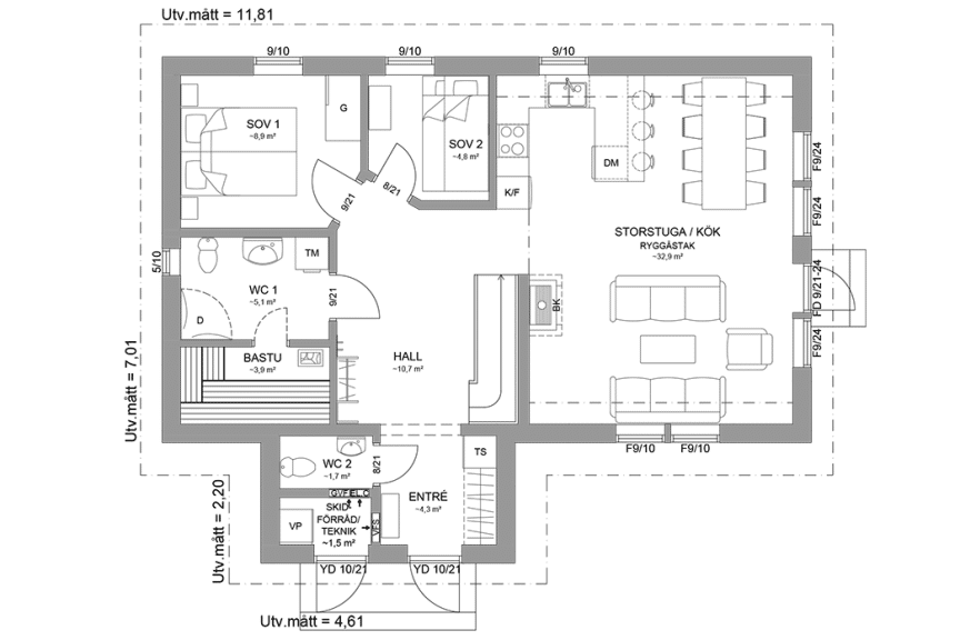 Planritning entreplan fjällstuga med loft 101 kvm Sonfjället 35-93 spegelvänd