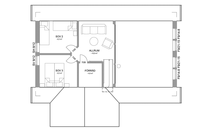 Planritning loftplan fjällstuga med loft 101 kvm Sonfjället 35-93 spegelvänd