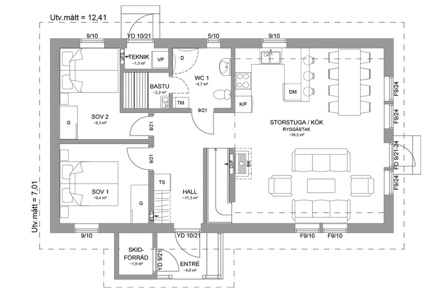 Planritning entreplan fjällstuga med loft 98 kvm Sonfjället 35-94 spegelvänd