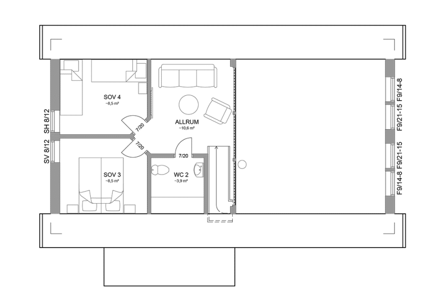 Planritning loftplan fjällstuga med loft 98 kvm Sonfjället 35-94 spegelvänd