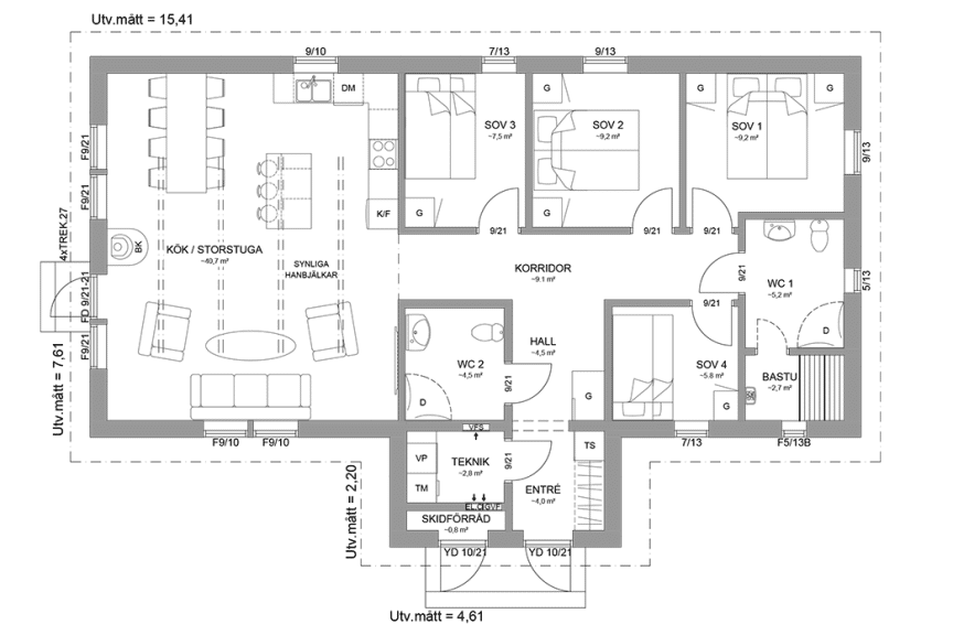 Planritning fjällstuga enplanshus 103 kvm Sylarna 128