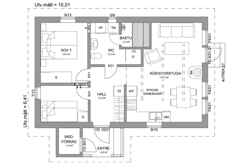 Planritning fjällstuga enplanshus 54 kvm Sylarna 71 spegelvänd