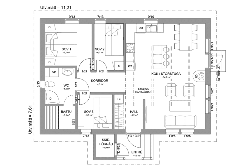 Planritning fjällstuga enplanshus 74 kvm Sylarna 92 spegelvänd