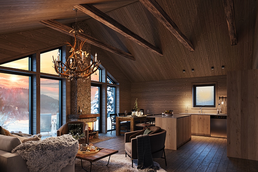 Sylarna 96, enplans fjällstuga timmerhus 81 kvm interiör kök storstuga med mörk väggpanel och rätta fjällstugekänslan