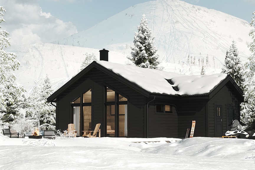 Sylarna 96, enplans fjällstuga timmerhus 81 kvm i vintrig fjällmiljö inzoomad