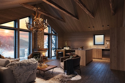 Husserien Sylarna - fjällstugor enplanshus timmerhus interiör träpanel