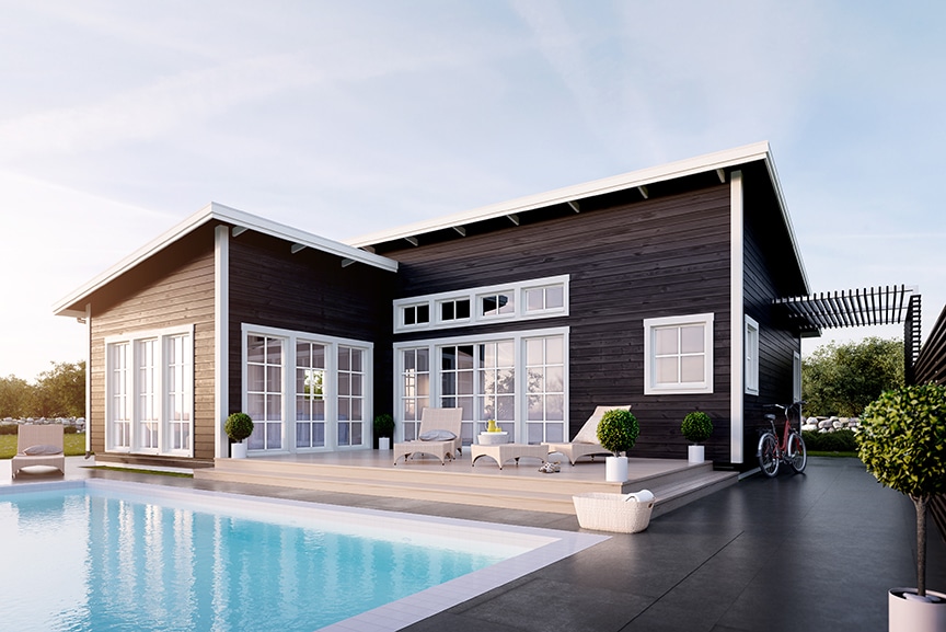 Trend 112, modernt fritidshus med vinkel och pulpettak 99 kvm i miljö med pool