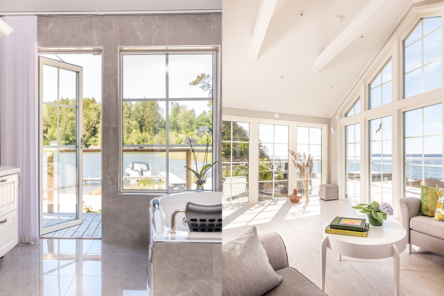 Blidö 27-115 interiör badrum och vardagsrum med utsikt mot vatten