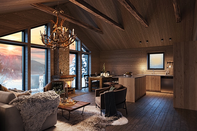 Mörk träpanel på väggar och i tak ger rätta lodge-känslan i fjällstugan, som i detta Sylarna