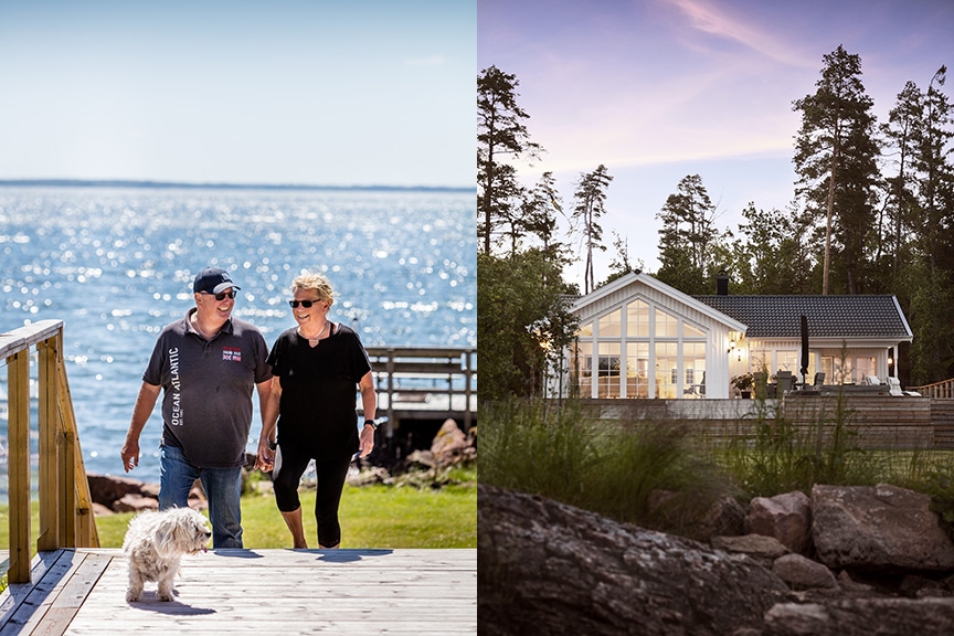 Peter och Ulrika Nunn på väg uppför trappan till altanen samt exteriör Blidö 27-115 i skymning