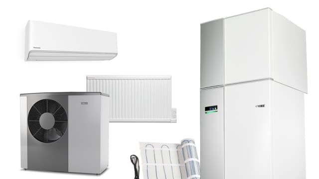 Bild av exempel på uppvärmningskällor frånluftsvärmepump luftluftvärmepump elradiator elgolvvärme