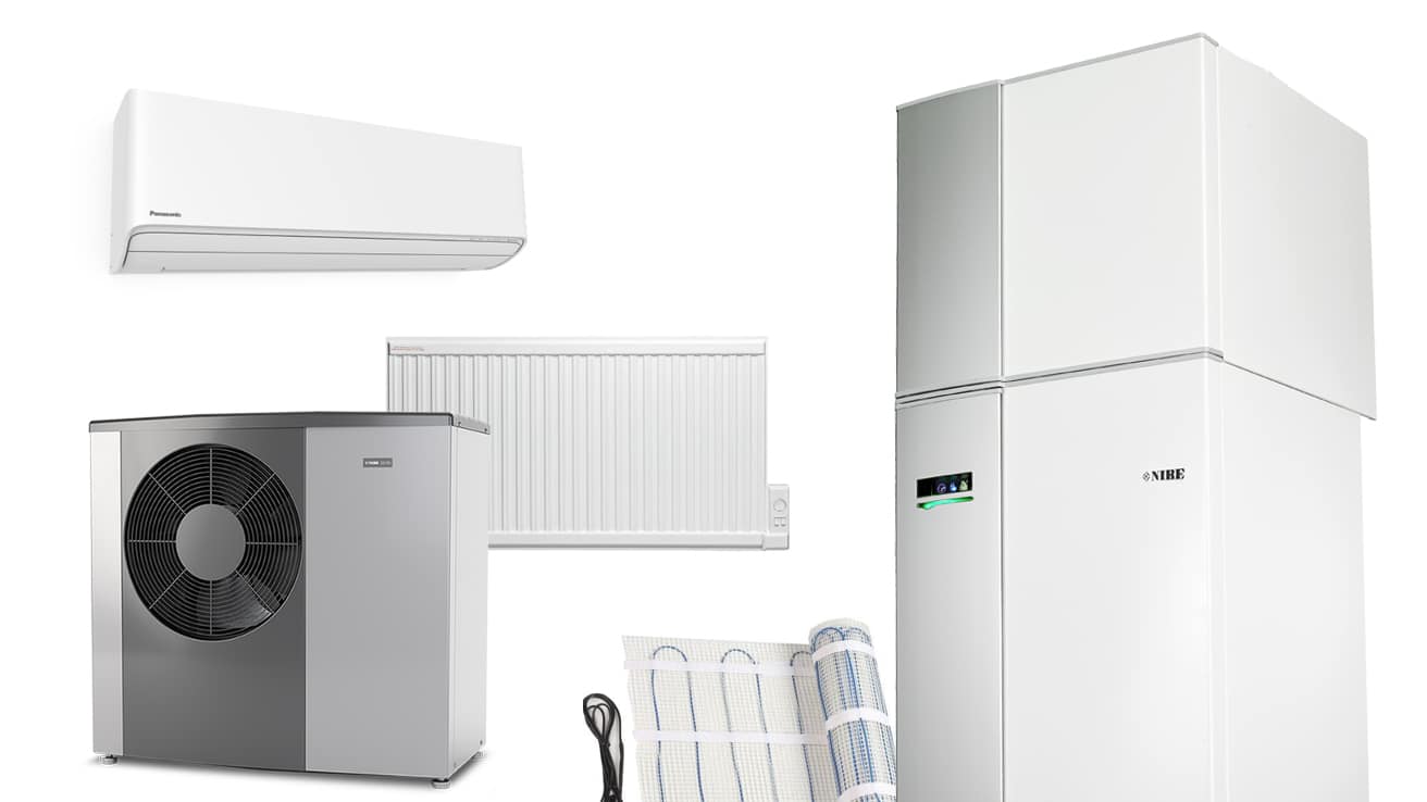 Bild av exempel på uppvärmningskällor frånluftsvärmepump luftluftvärmepump elradiator elgolvvärme