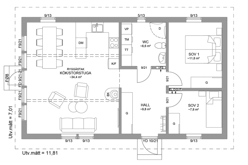 Planritning fritidshus enplanshus 70 kvm Agö 23-83