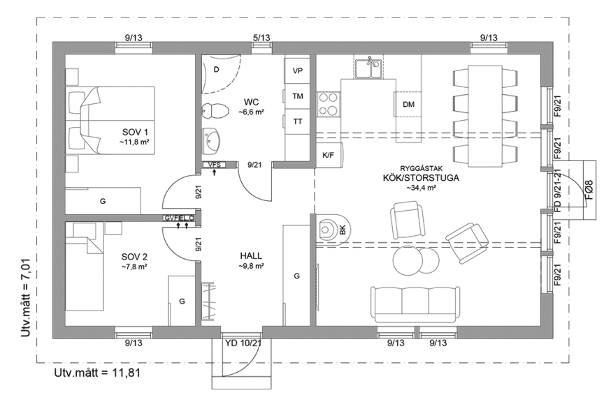 Planritning fritidshus enplanshus 70 kvm Agö 23-83 spegelvänd