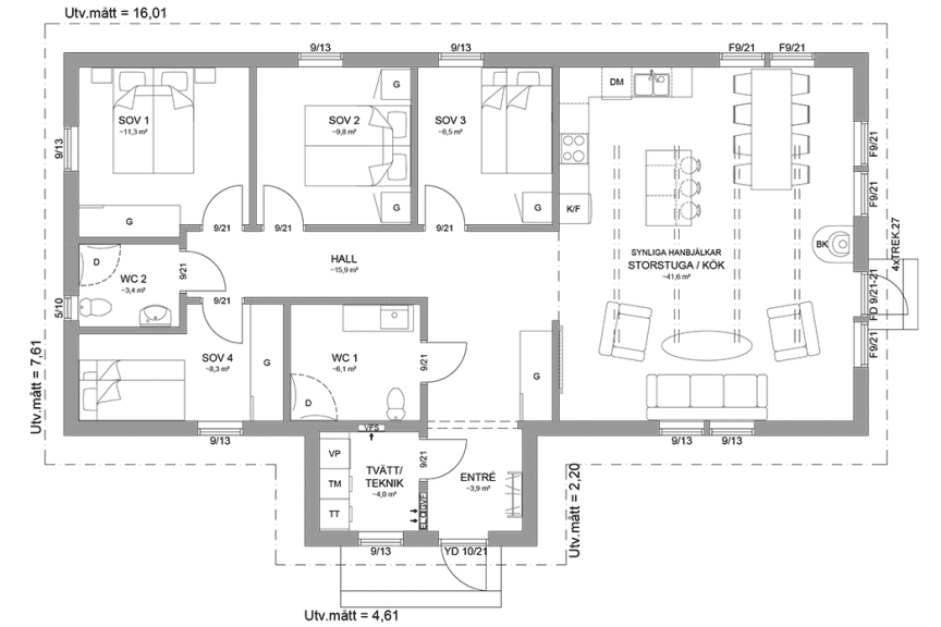 Planritning fritidshus enplanshus 120 kvm Agö 27-132 spegelvänd