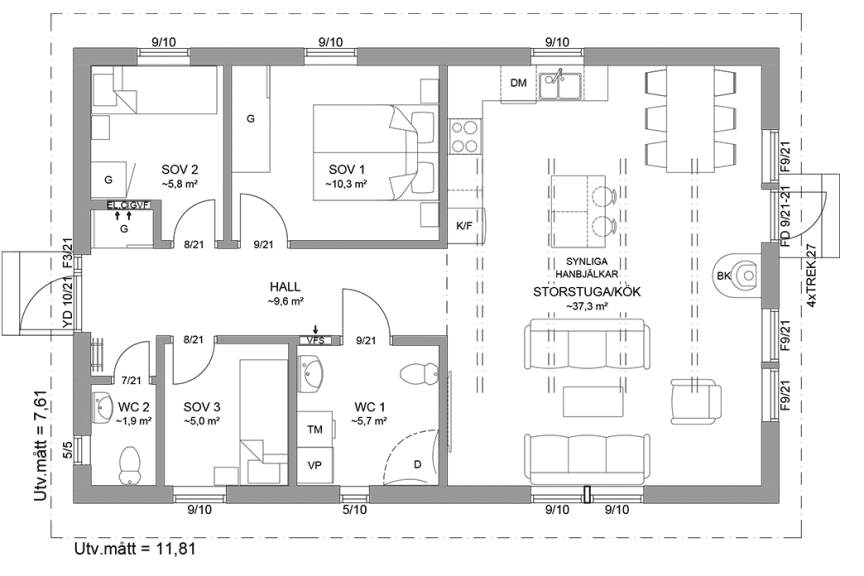 Planritning fritidshus enplanshus 80 kvm Agö 27-90 spegelvänd