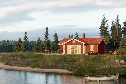 Enplanshus vinkelhus Ängnö 23-81 i skogsmiljö vid en sjö