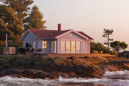 Enplanshus vinkelhus Ängnö 23-81 i skärgårdsmiljö i solnedgång