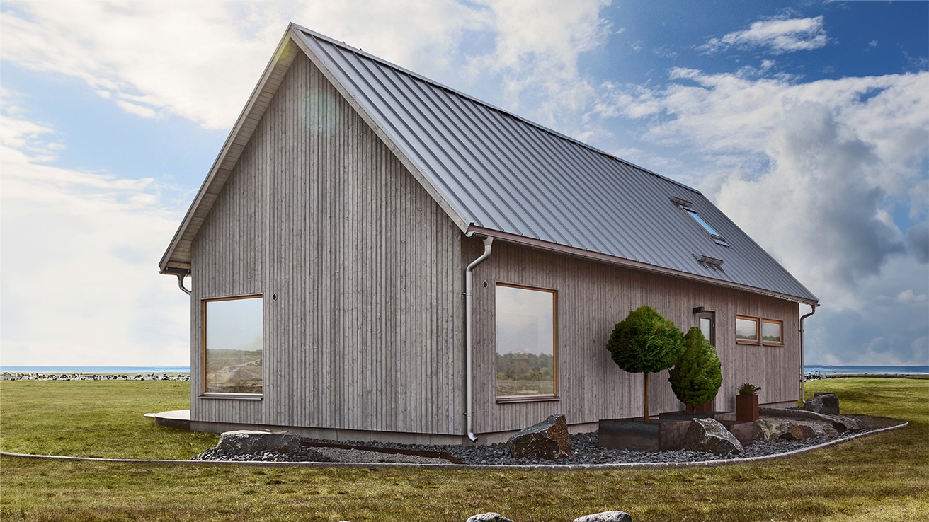 Exempel på exteriör färgsättning fritidshus Alster grå lasyr grått plåttak