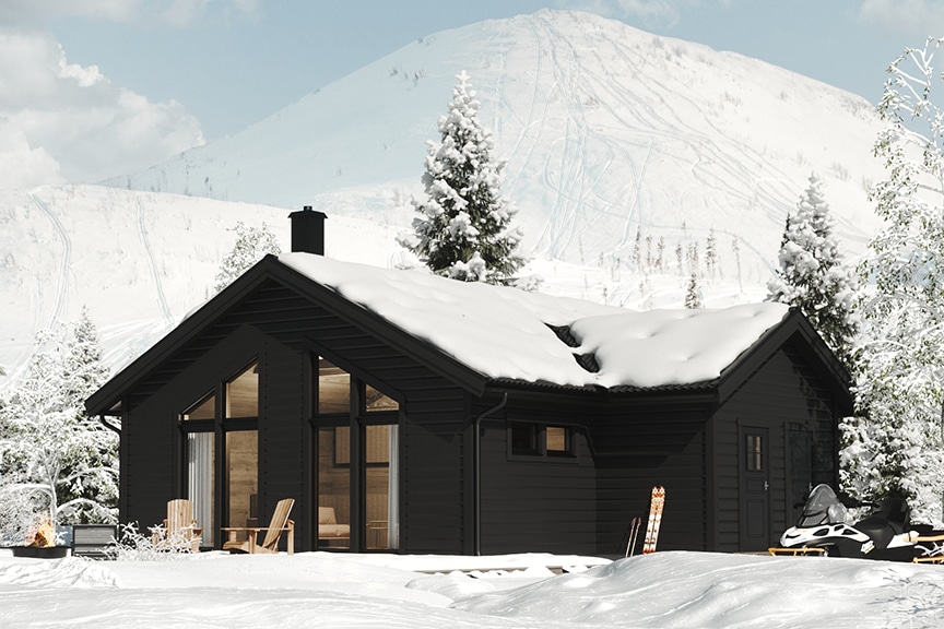 Helsvart fjällstuga Sylarna 96 i vintermiljö