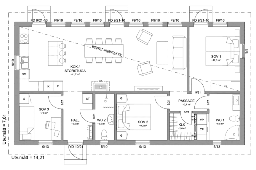 Planritning fritidshus enplanshus 97 kvm Sandhamn 23-108 spegelvänd
