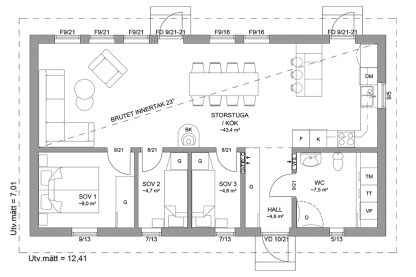 Planritning fritidshus enplanshus 77 kvm Sandhamn 23-87