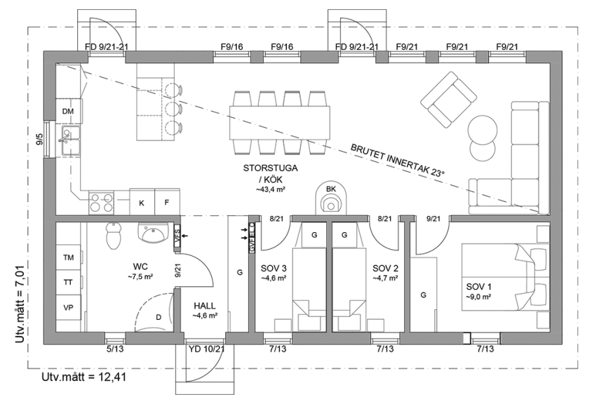 Planritning fritidshus enplanshus 77 kvm Sandhamn 23-87 spegelvänd