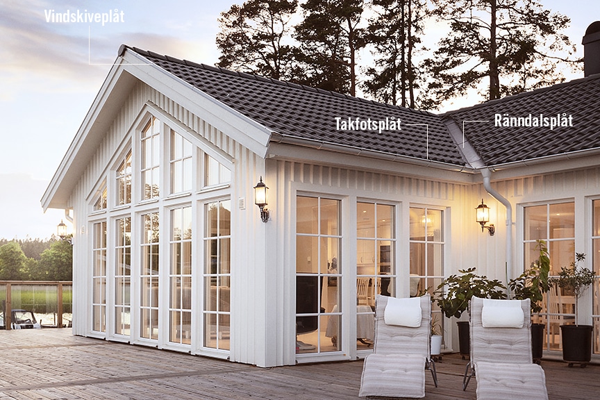 Illustration av olika takplåtar, exempel från ett Blidö med vinkel - vindskiveplåt, ränndalsplåt, takfotsplåt