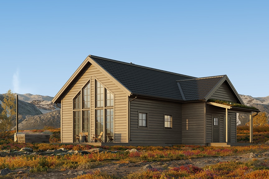 Tjärvitriol timmerhus fjällstuga med granitgrått tak Sonfjället 35-101 i höstig fjällmiljö