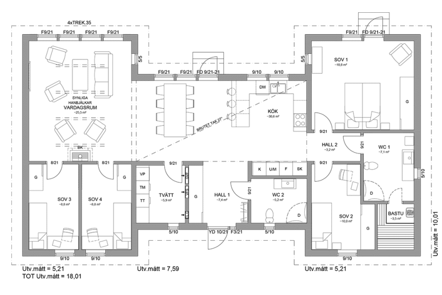 Planritning fritidshus enplanshus 138 kvm Torekov 158