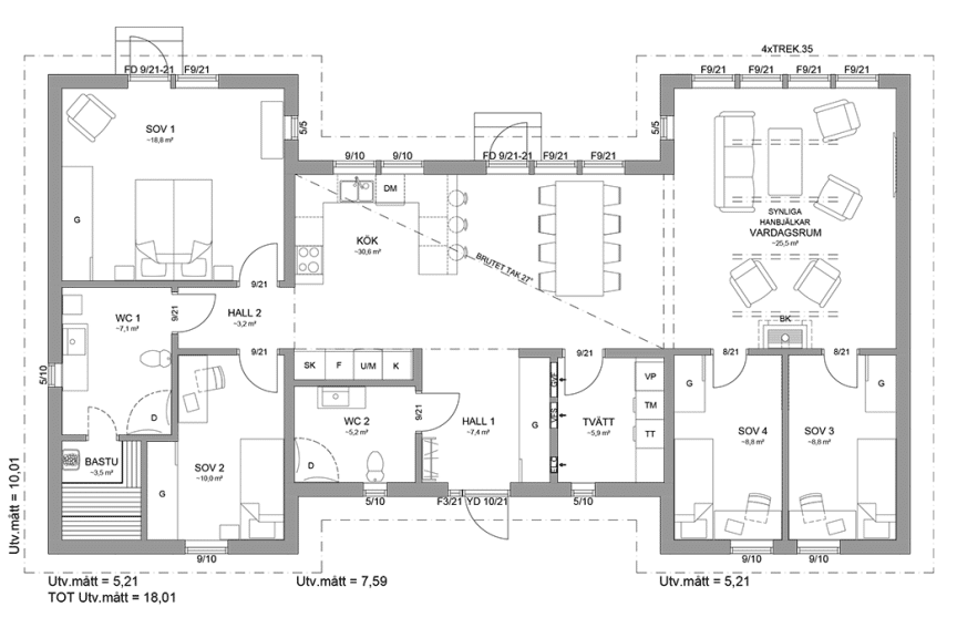Planritning fritidshus enplanshus 138 kvm Torekov 158 spegelvänd
