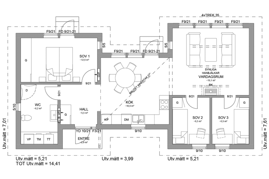 Planritning fritidshus enplanshus 79 kvm Torekov 95 spegelvänd