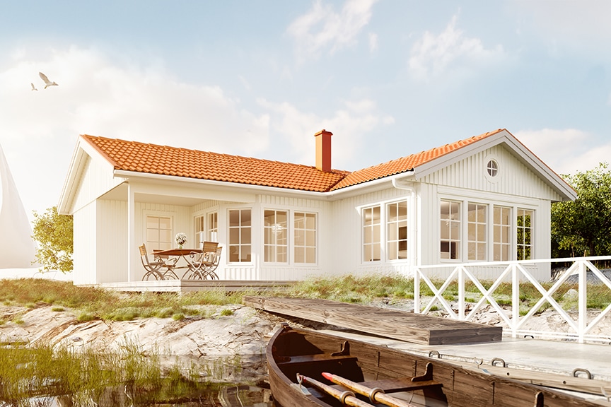 Vitt vinkelhus med tegelrött tak i skärgårdsmiljö Blidö 23-107