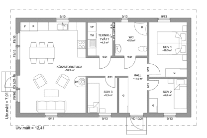 Planritning fritidshus 77 kvm Dalarö 23-87