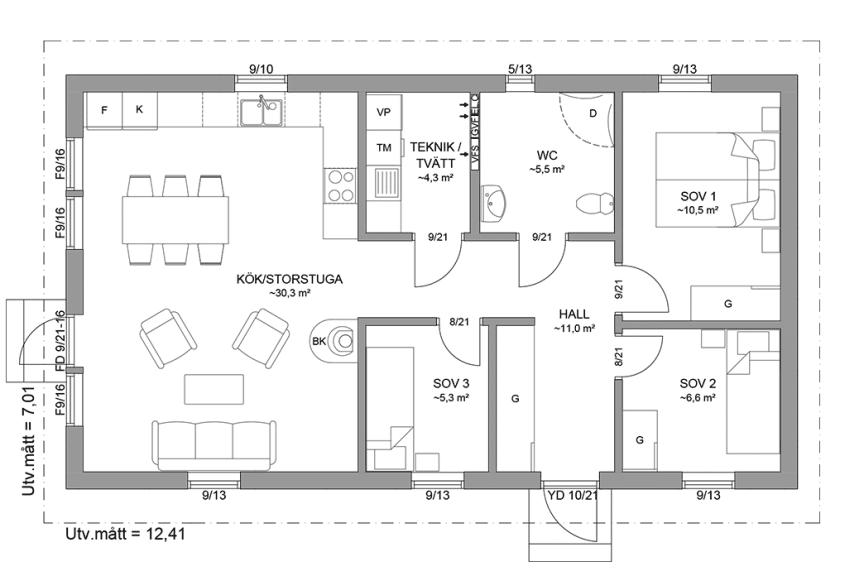 Planritning fritidshus 77 kvm Dalarö 23-87