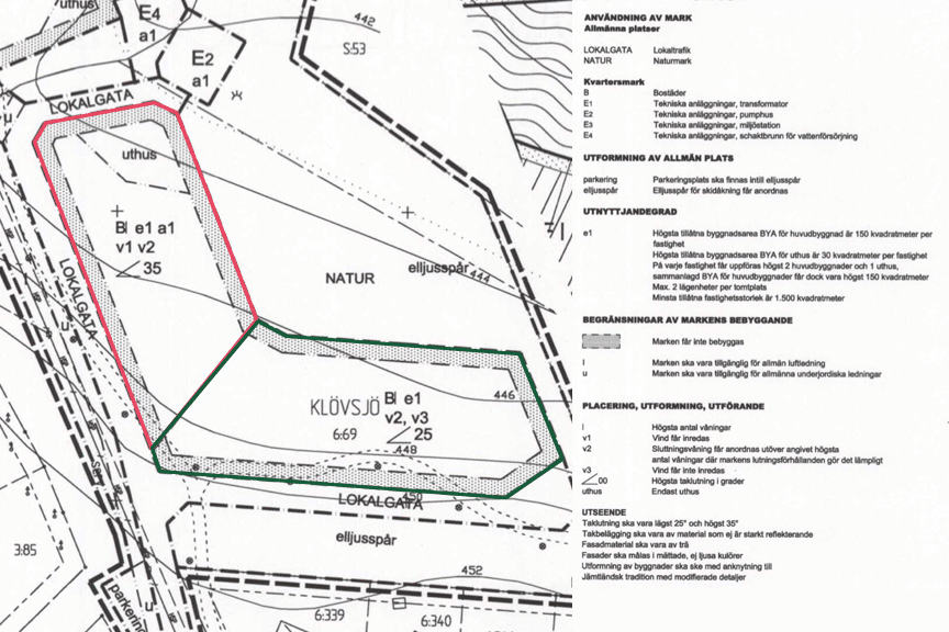 Exempel på en detaljplanekarta med olika bestämmelser om byggrätt i olika delar av området