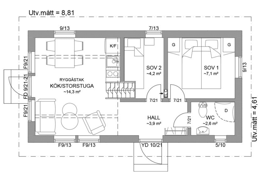 Planritning entreplan fritidshus med loft 34 kvm Agö 35-41
