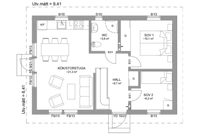 Planritning entréplan fritidshus med loft 52 kvm Dalarö 35-60