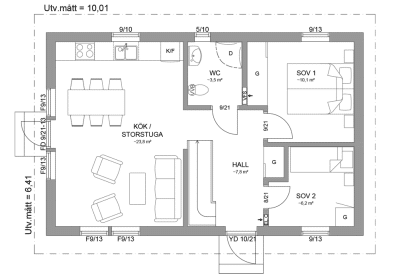 Planritning entréplan fritidshus med loft 79 kvm Dalarö 35-64 FHV