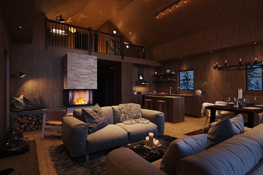 Svart lofträcke, trappräcke, trappa och fönster för den rätta lodge-känslan i ett Sonfjället 35-101