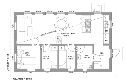Planritning fritidshus enplanshus 59 kvm Sandhamn 23-68